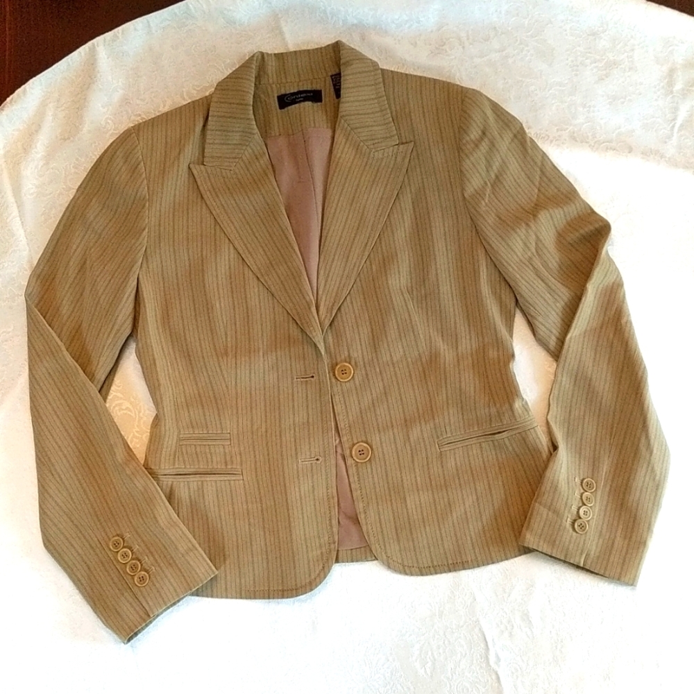 Context, Tan pin stripe skirt suit, Size: 8 Petite